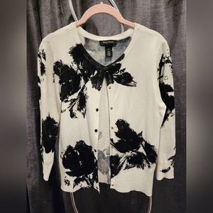 WHBM cardigan white black  w/black and gold snaps. 3/4 sleeve. Size M